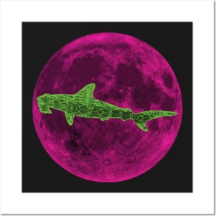 Bright Green Polynesian Pink Moon Hammerhead Shark Posters and Art